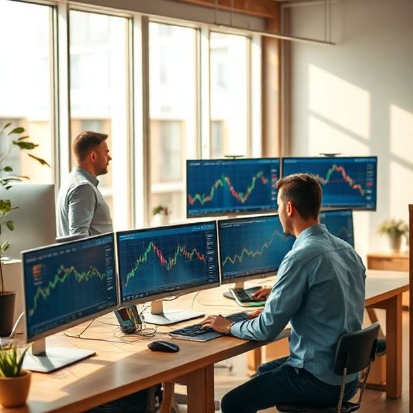 Small engineering team working at standing desks with trading dashboards in Oradea office